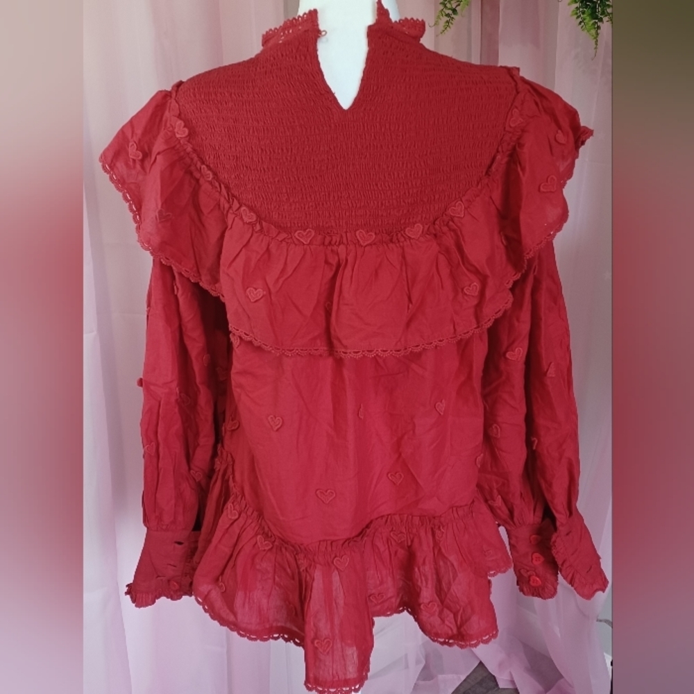 FARM Rio Red Ruffled Long-Sleeve Tunic Top - Picture 3 of 4